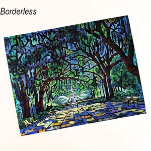 May include: A colorful painting of a park scene with a fountain, benches, and large trees with Spanish moss. The artwork is rendered in a mosaic style with vibrant blues, greens, and browns. The word "Borderless" is in the upper left corner.