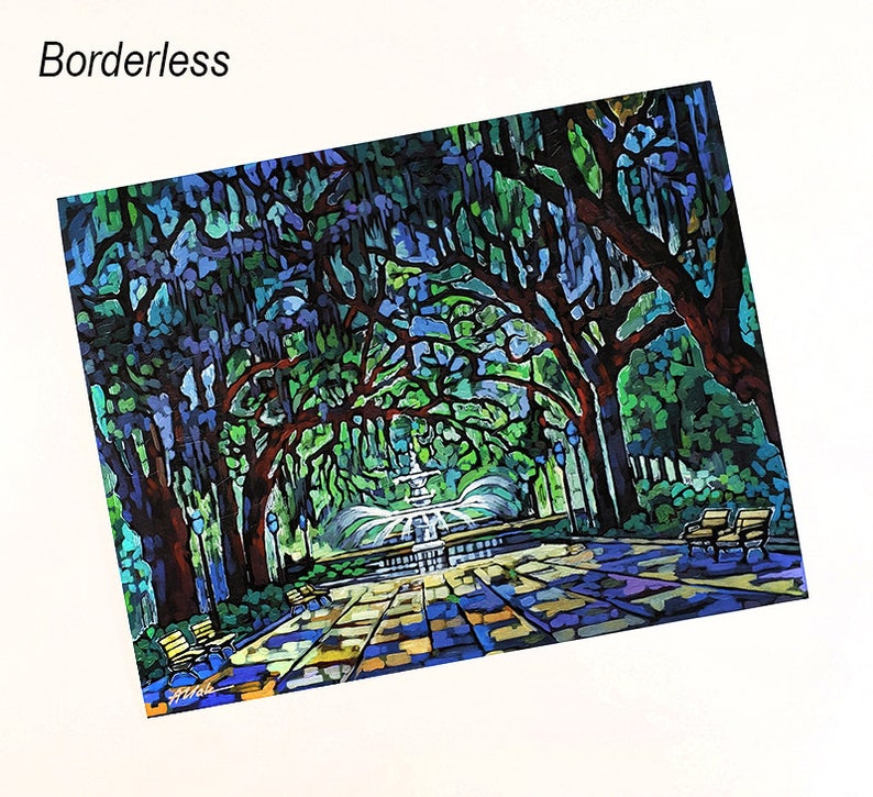May include: A colorful painting of a park scene with a fountain, benches, and large trees with Spanish moss. The artwork is rendered in a mosaic style with vibrant blues, greens, and browns. The word "Borderless" is in the upper left corner.