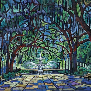 May include: An impressionistic painting of a park scene with a fountain. The artwork features large trees with green foliage and red-brown trunks, benches, and a brick pathway. The color palette includes blues, greens, and browns, creating a serene atmosphere.
