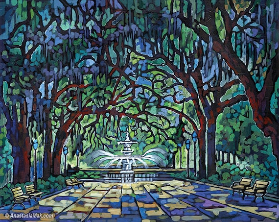Savannah Georgia, Savannah GA, Savannah print, Forsyth Park, Savannah Fountain, art print, by Anastasia Mak