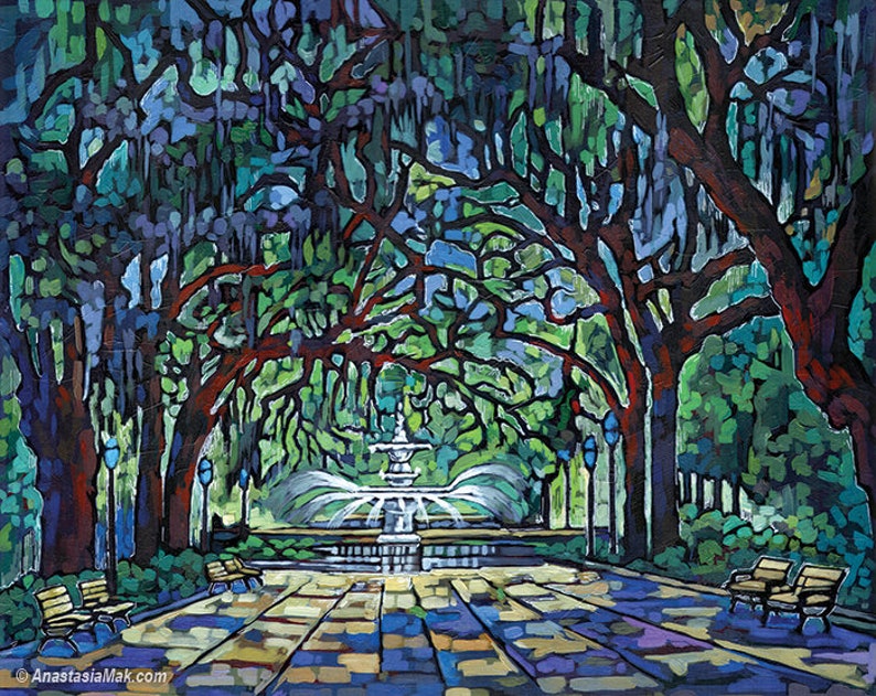 May include: An impressionistic painting of a park scene with a fountain. The artwork features large trees with green foliage and red-brown trunks, benches, and a brick pathway. The color palette includes blues, greens, and browns, creating a serene atmosphere.