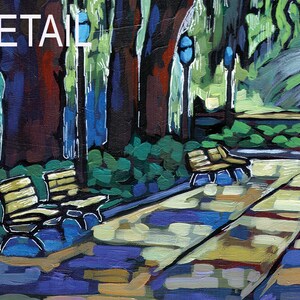 May include: An impressionistic painting of a park scene with benches, trees, and a pathway. The artwork features a palette of blues, greens, and yellows, with the word "DETAIL" in white at the top.