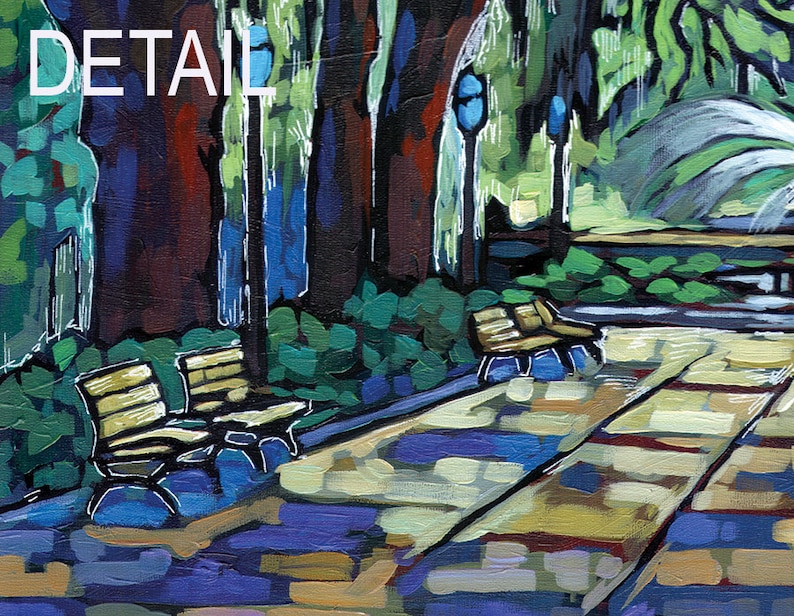 May include: An impressionistic painting of a park scene with benches, trees, and a pathway. The artwork features a palette of blues, greens, and yellows, with the word "DETAIL" in white at the top.