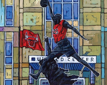 Chicago Bulls Print, Michael Jordan statue, Chicago Basketball, United Center, by Anastasia Mak