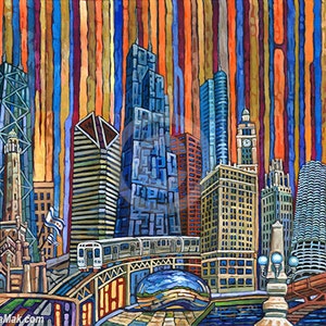 Chicago art, Orange Chicago, Chicago buildings, Sears Tower, John Hancock Tower, Marina towers, by Anastasia Mak