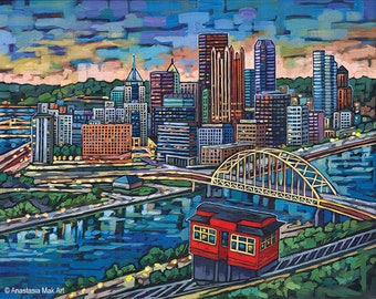 Pittsburgh skyline, Pittsburgh print, Pittsburgh Incline, Duquesne Incline