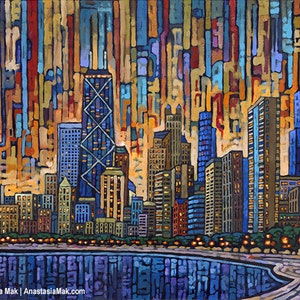 Chicago evening, Chicago Dusk, Chicago Skyline, John Hancock Tower, Lake Michigan, Chicago shore, by Anastasia Mak