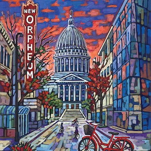 Madison WI, Bike Madison, State Street, Red Bicycle, Madison evening, Wisconsin Capitol, Art Print by Anastasia Mak