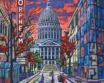 May include: An original painting of a city street scene with a red bicycle in the foreground. The painting features a large domed building, a sign that reads "NEW ORPHEUM", and several cyclists. The sky is a vibrant mix of orange and blue.
