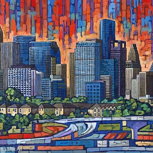 Houston skyline, Houston artwork, Houston print, Space city, Houston TX, art print, by Anastasia Mak