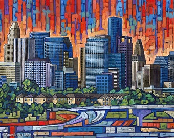 Houston skyline, Houston artwork, Houston print, Space city, Houston TX, art print, by Anastasia Mak