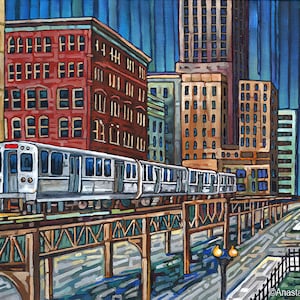 Chicago El Train, Chicago CTA, Downtown, Chicago Landmark, Chicago transit, art print by Anastasia Mak