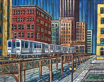 Chicago El Train, Chicago CTA, Downtown, Chicago Landmark, Chicago transit, art print by Anastasia Mak