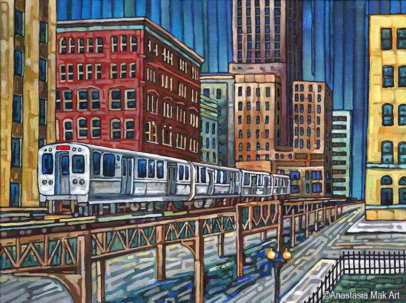 Chicago El Train, Chicago CTA, Downtown, Chicago Landmark, Chicago transit, art print by Anastasia Mak image 1