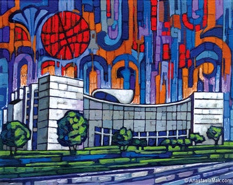 May include: An abstract painting of a modern building with a basketball-like sphere in the sky. The artwork features a color palette of blues, oranges, and reds. Green trees and a blue and green lawn are in the foreground.