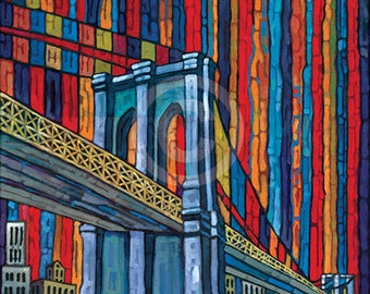 Brooklyn Bridge print, NYC art, colorful Brooklyn Bridge, red New York City, red and blue, by Anastasia Mak