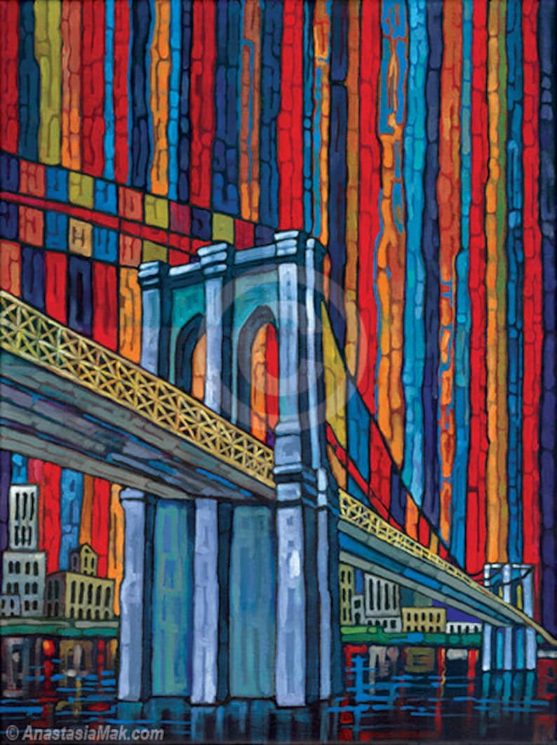 Brooklyn Bridge Print NYC Art Colorful Brooklyn Bridge Red Etsy