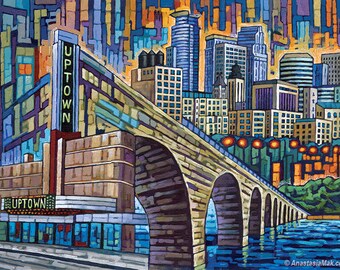 Minneapolis art, Minneapolis Uptown, Stone Arch Bridge, Minneapolis Skyline, Minneapolis print, by Anastasia Mak Art