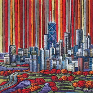 Red Chicago Skyline, Chicago Skyline print, Chicago Autumn, Chicago Buildings, lakeshore Drive, Chicago art, by Anastasia Mak