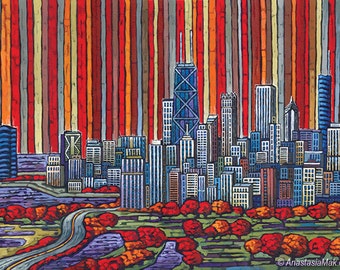 Red Chicago Skyline, Chicago Skyline print, Chicago Autumn, Chicago Buildings, lakeshore Drive, Chicago art, by Anastasia Mak