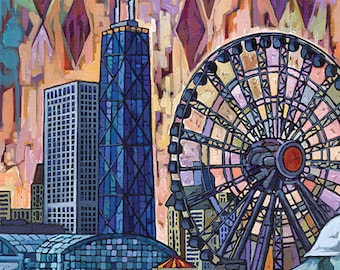 Chicago Navy pier, Ferris Wheel, Navy Pier art, Navy Pier Print, downtown Chicago, Lake Michigan, by Anastasia Mak