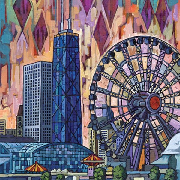 Chicago Navy pier, Ferris Wheel, Navy Pier art, Navy Pier Print, downtown Chicago, Lake Michigan, by Anastasia Mak