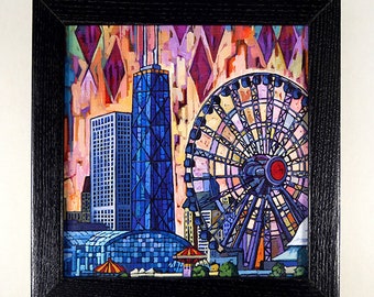 Chicago Navy Pier Gift, John Hancock Tower, Chicago Shelf Art, Chicago Ferris Wheel, Navy Pier Art, Box Frame Print, by Anastasia Mak