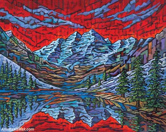 Rocky Mountains Print, Maroon Bells, Colorado art, Aspen, Red sky, by Anastasia mak