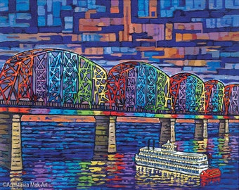 Louisville Art Print, Big Four Bridge, Louisville night scene, Belle of Louisville, Ohio River, Louisville Landmark, by Anastasia Mak