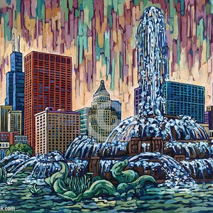 Buckingham Fountain, Chicago Fountain, downtown Chicago, Chicago art print, Chicago Skyline, Sears Tower, by Anastasia Mak