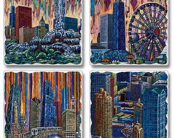 Chicago buildings coasters, Chicago coaster set, Buckingham Fountain, Navy Pier, Sears Tower, Marina Towers, Chicago Gift, Chicago Souvenir