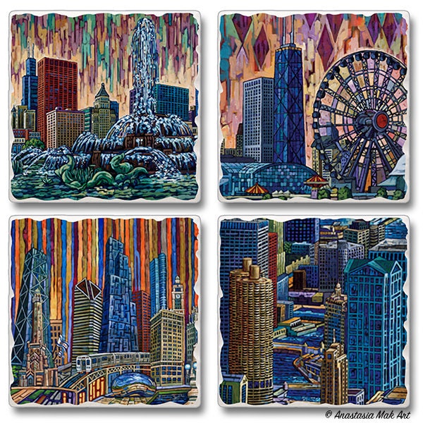 Chicago buildings coasters, Chicago coaster set, Buckingham Fountain, Navy Pier, Sears Tower, Marina Towers, Chicago Gift, Chicago Souvenir