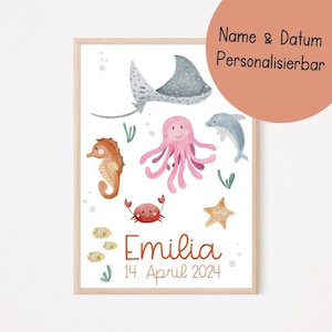 Poster personalisiert Unterwasser A4 | Bild Kinderzimmer | Geschenk zur Geburt | Wandbild Babyzimmer | Tierposter | Kinderposter