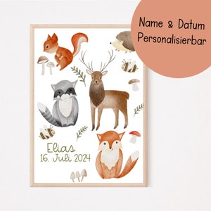 Poster personalisiert Waldtiere A4 | Bild Kinderzimmer | Geschenk zur Geburt | Wandbild Babyzimmer | Tierposter | Kinderposter Geburtsposter