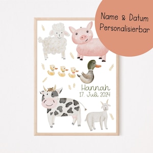 Poster personalisiert Bauernhof A4 | Bild Kinderzimmer | Geschenk zur Geburt | Wandbild Babyzimmer | Tierposter | Kinderposter