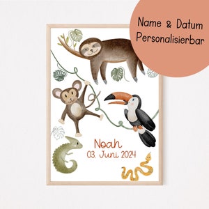 Poster Dschungel personalisiert A4 | Bild Kinderzimmer | Geschenk Geburt personalisiert | Wandbild Babyzimmer | Tierposter | Kinderposter