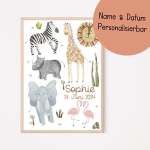 Poster personalisiert Safari A4 | Bild Kinderzimmer | Geschenk zur Geburt personalisiert | Wandbild Babyzimmer | Tierposter | Kinderposter