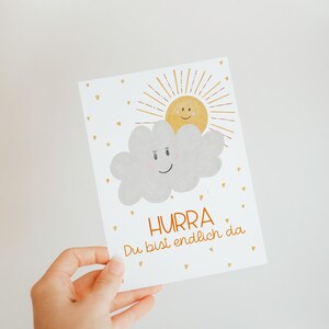 Sonne Karte Geburt "Hurra du bist endlich da" – Handgemaltes Aquarellmotiv | A6 Karte | Karte zur Geburt | Grußkarte | Postkarte