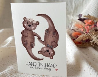 Hochzeitskarte Otter – Handgemaltes Aquarellmotiv | A6 Klappkarte |  Glückwunschkarte zur Hochzeit | besondere Hochzeitskarte
