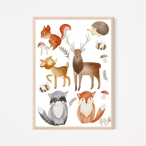 Poster Waldtiere A4 | Bild Kinderzimmer | Geschenk zur Geburt | Wandbild Babyzimmer | Tierposter | Kinderposter | Wald Deko Kinderzimmer