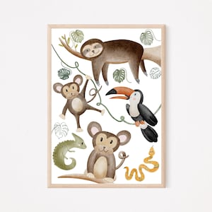 Poster Dschungel Tiere A4 | Bild Kinderzimmer | Geschenk zur Geburt | Wandbild Babyzimmer | Tierposter | Dschungel Poster Kinderzimmer