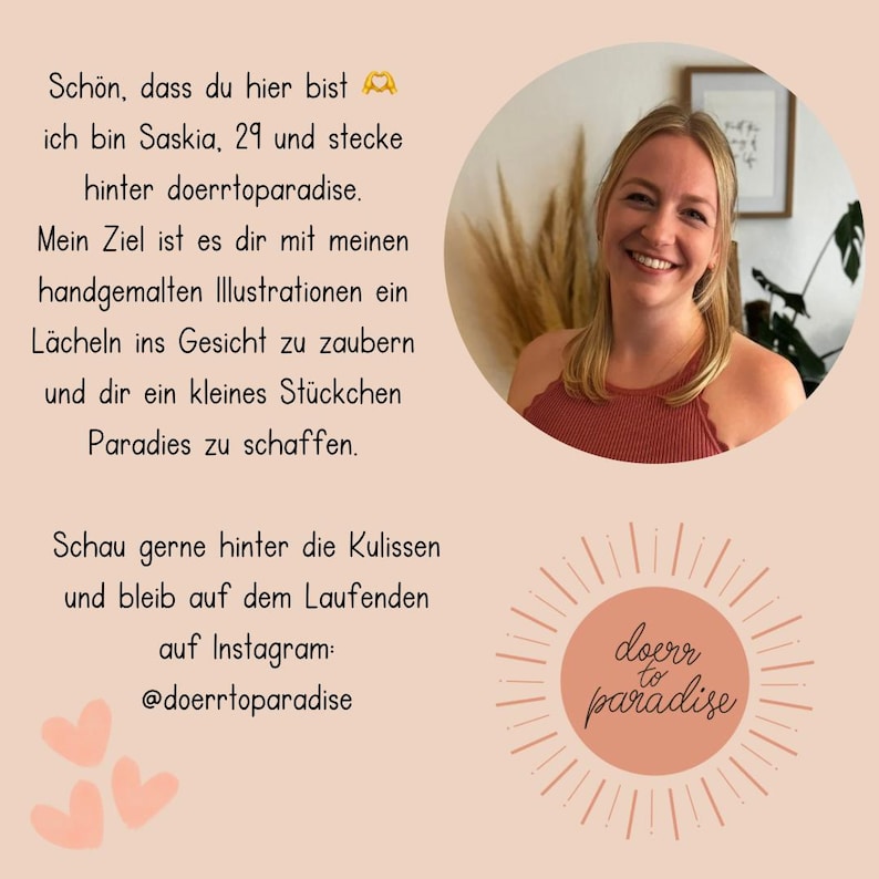 May include: A peach-colored graphic with text and a smiling woman's photo. The text includes the name "Saskia", the age "29", and the Instagram handle "@doerrtoparadise". The logo "doerr to paradise" is also featured.