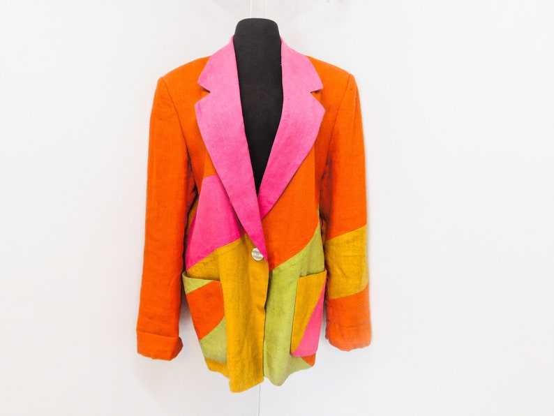 Vintage 90s Oversized Linen Blazer Jacket Orange Yellow Hot Pink Colorblock Color Block Geometric Nanny Fran Spring Summer Trends 2019 L Xl