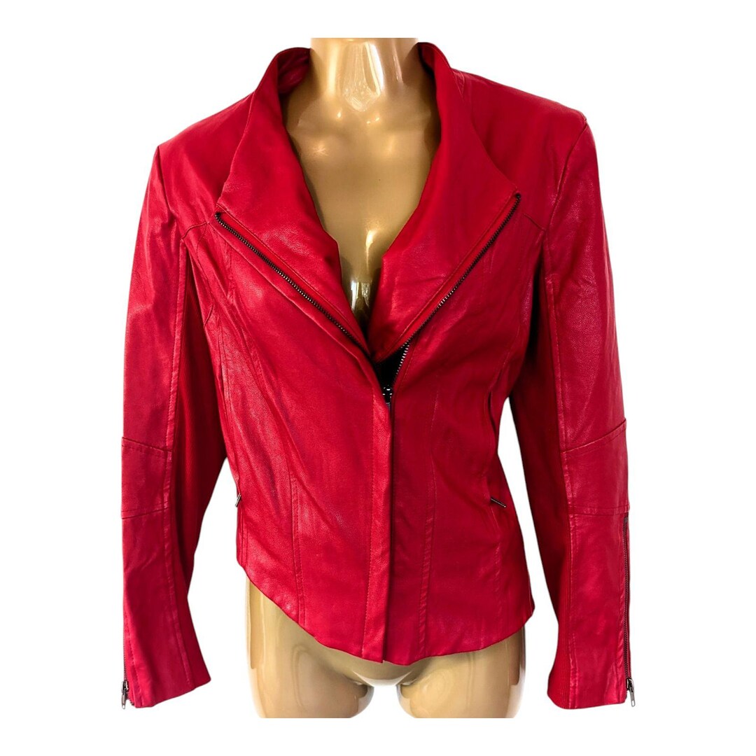 Prime Quality Women Red Slim Fit Biker Style Moto Faux Leather Jacket USA Seller