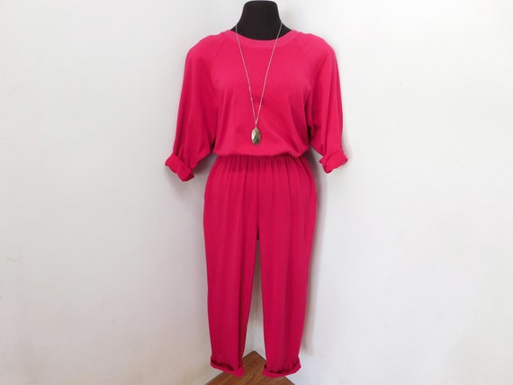 Vintage 80s 90s Bright Hot Pink Cotton Jumpsuit Sw