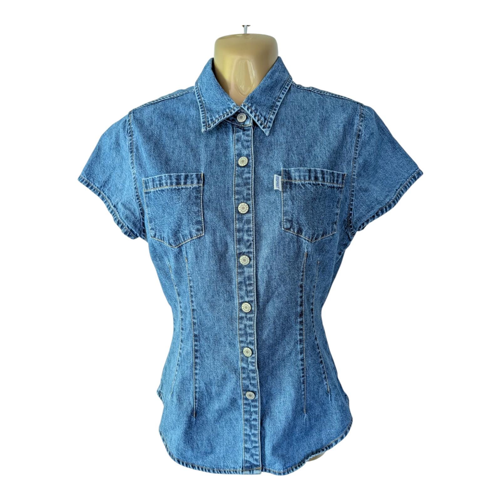 Vintage 90s Denim Top ESPIRIT Pearl Snap Western Tapered Cowgirl Summer XS S