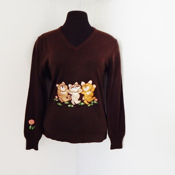 Lightweight Brown Knit Sweater 70s Vintage Woodland Animals Novelty Kitsch Retro Medium