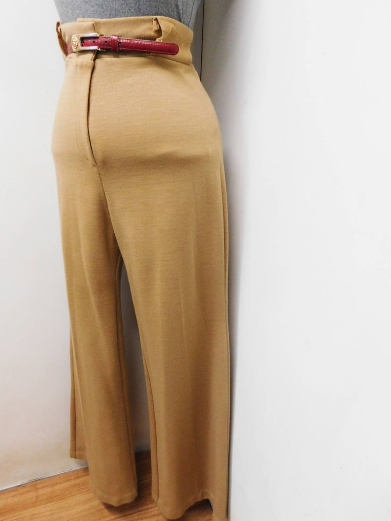 Vintage 70s Wide Leg Pants Trousers Ultra High Waist Camel Tan Knit Stretchy Chic Best Butt Classy Sophisticated M Medium 8 10