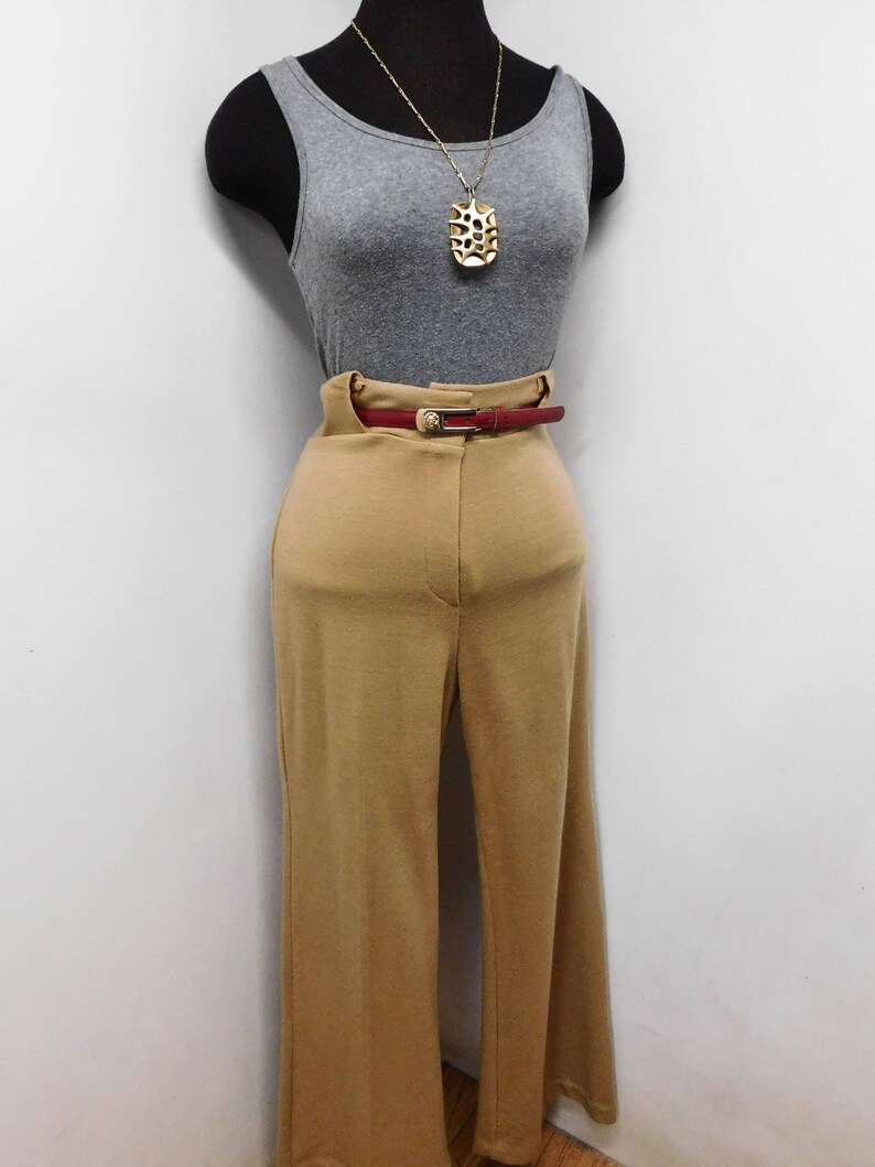 Vintage 70s Wide Leg Pants Trousers Ultra High Waist Camel Tan Knit Stretchy Chic Best Butt Classy Sophisticated M Medium 8 10