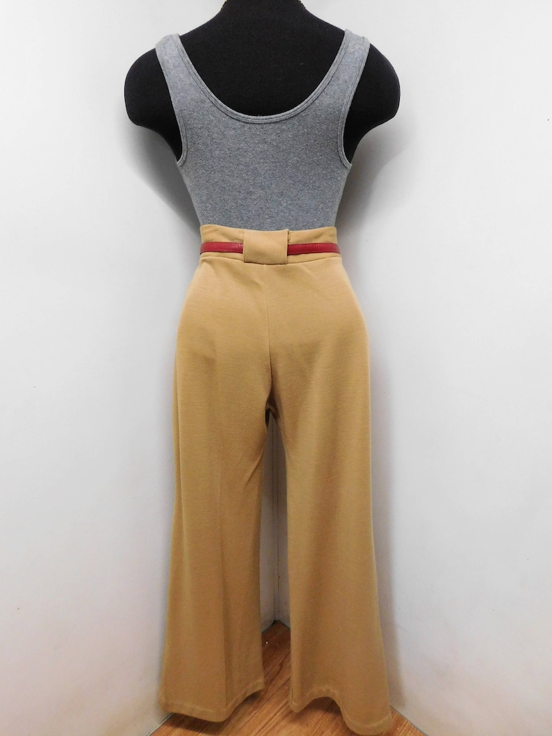Vintage 70s Wide Leg Pants Trousers Ultra High Waist Camel Tan Knit Stretchy Chic Best Butt Classy Sophisticated M Medium 8 10